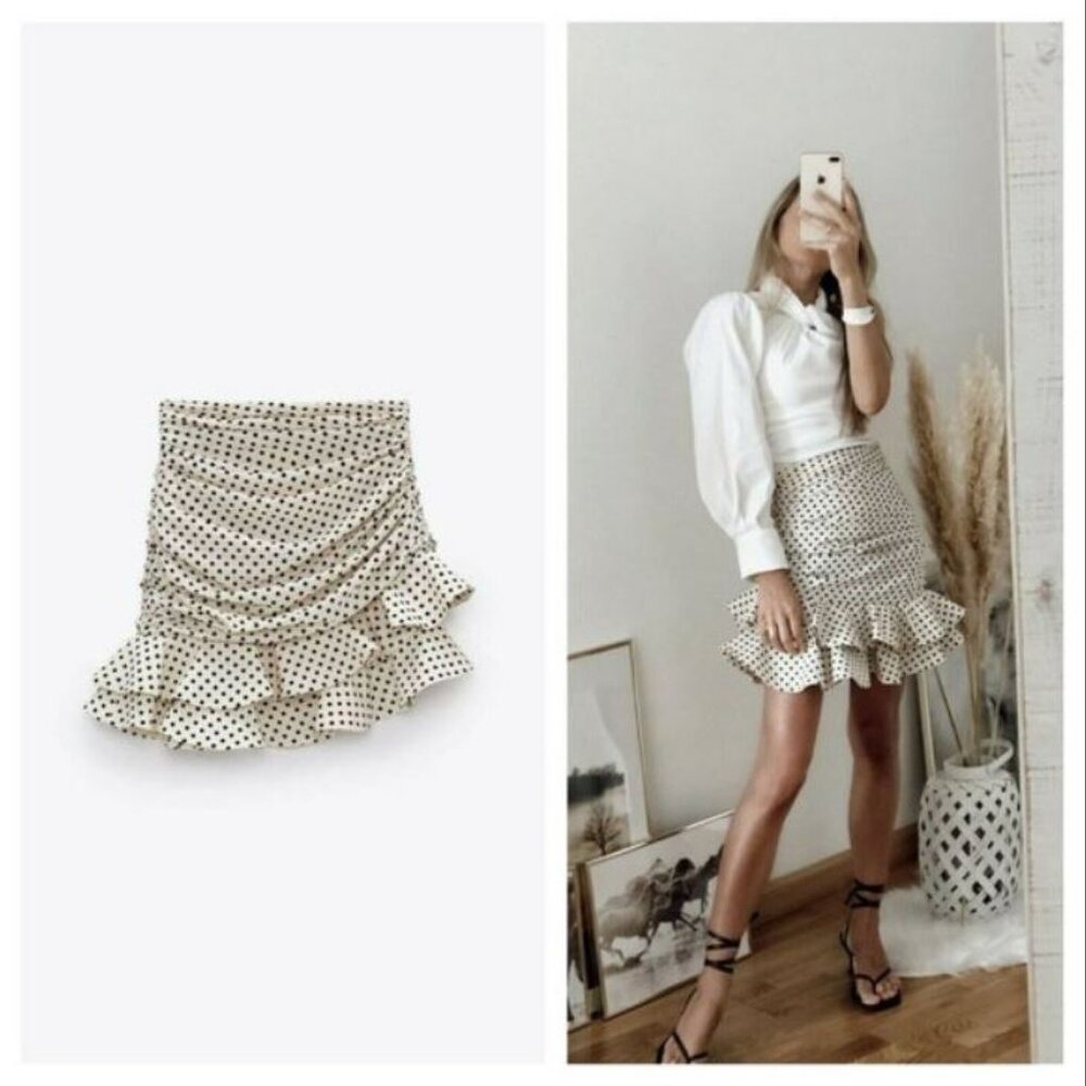 DRAPED RUCHED POLKA DOT SKIRT with RUFFLE HEM - Picture 9 of 10